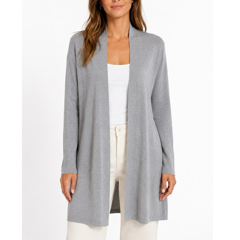 Eileen Fisher Cardigan Size M Gray Tencel Linen Open Front Longline Sweater Knit